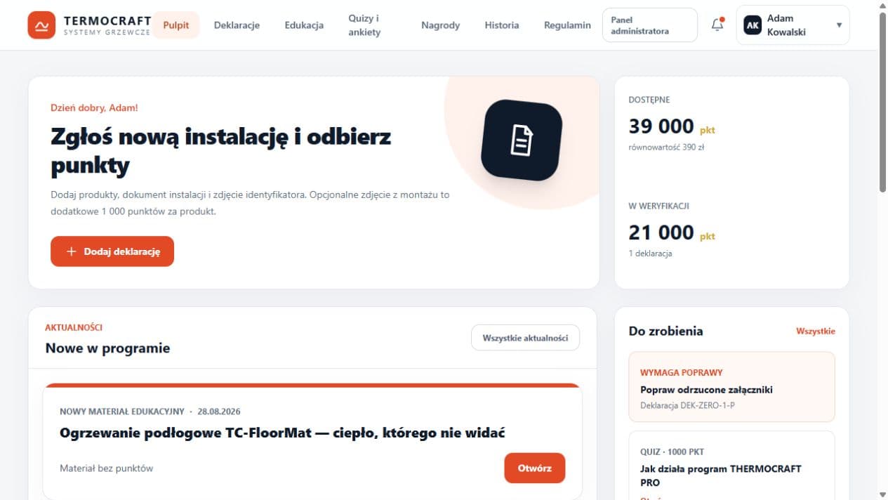 Panel instalatora z deklaracjami montażu, saldem punktów i materiałami